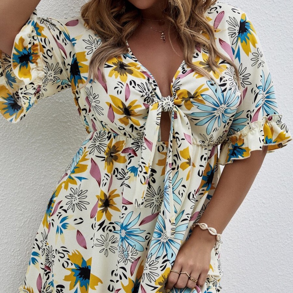 PLUS SIZE Floral Front Tie Ruffle Midi Dress Black - Picture 6 of 11